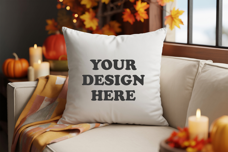 White pillow with Cozy Fall Decor mockup