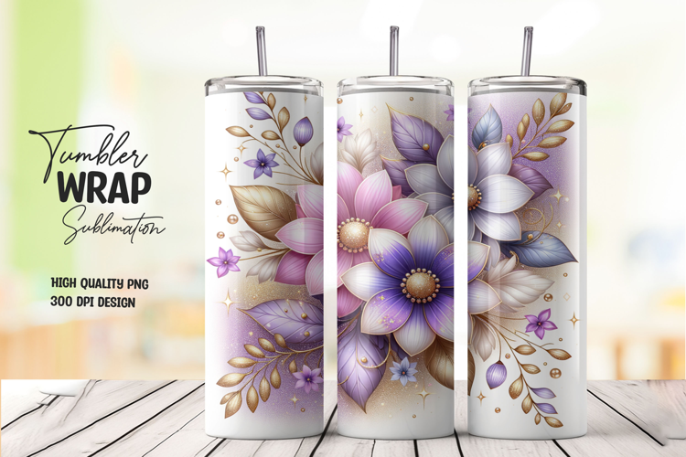 Pastel Floral Gold Accent White Tumbler Wrap Sublimation
