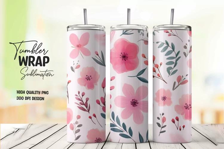 Watercolor pink flower pattern tumbler wrap sublimation