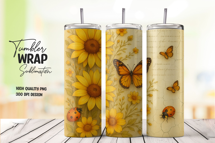Daisy and Monarch Butterfly Tumbler Wrap PNG