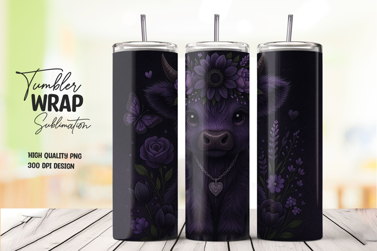 Cute Highland Cow Floral Tumbler Wrap Sublimation PNG
