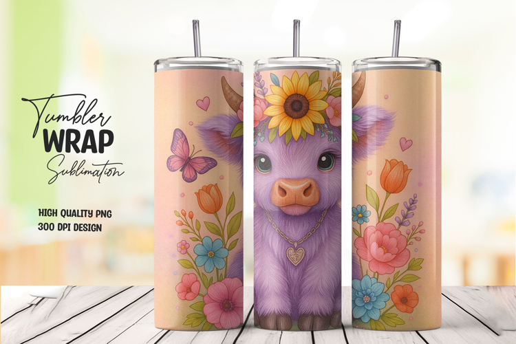 Cute Highland Cow Floral Tumbler Wrap Sublimation PNG