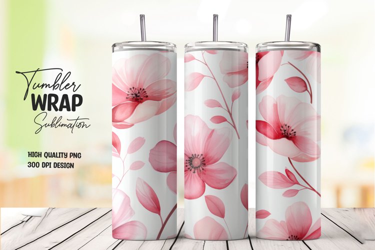 Watercolor pink flower pattern tumbler wrap sublimation example image 1