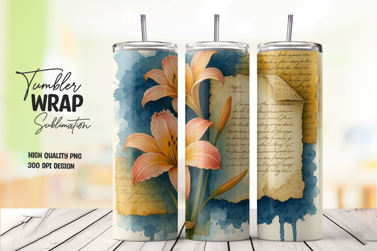 Vintage Lily Floral Tumbler Wrap PNG