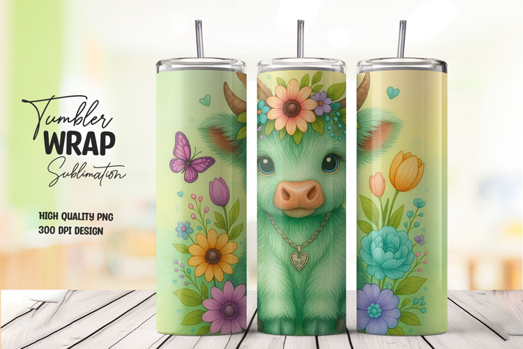 Cute Highland Cow Floral Tumbler Wrap Sublimation PNG