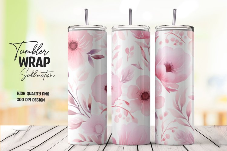 Watercolor pink flower pattern tumbler wrap sublimation example image 1
