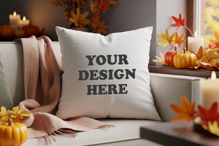 White pillow with Cozy Fall Decor mockup