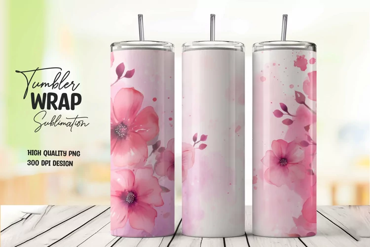 Watercolor pink flower pattern tumbler wrap sublimation