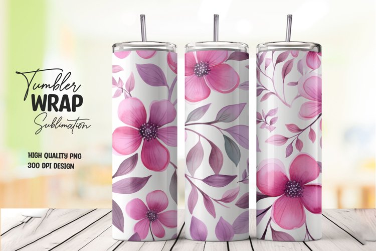 Watercolor pink flower pattern tumbler wrap sublimation example image 1