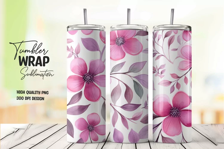 Watercolor pink flower pattern tumbler wrap sublimation