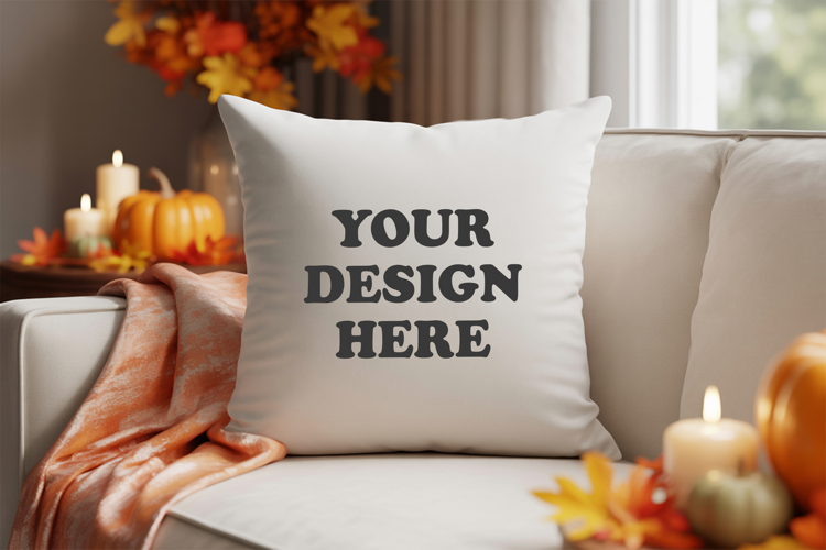 White pillow with Cozy Fall Decor mockup