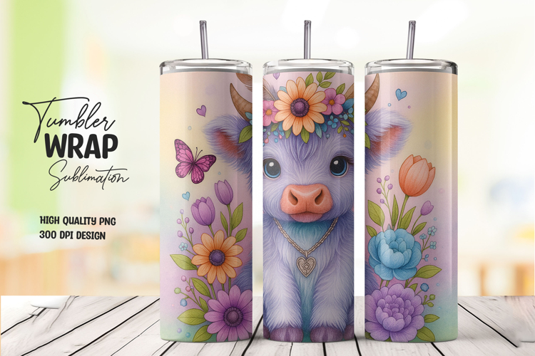 Cute Highland Cow Floral Tumbler Wrap Sublimation PNG