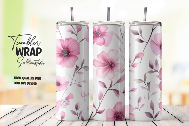 Watercolor pink flower pattern tumbler wrap sublimation example image 1