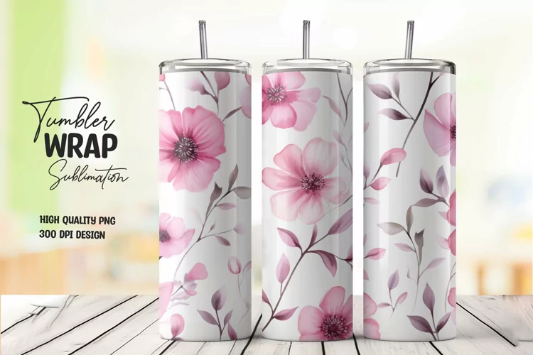 Watercolor pink flower pattern tumbler wrap sublimation