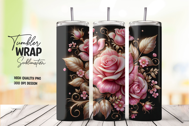 Elegant Pink Rose Gold Floral Black Tumbler Wrap Sublimation