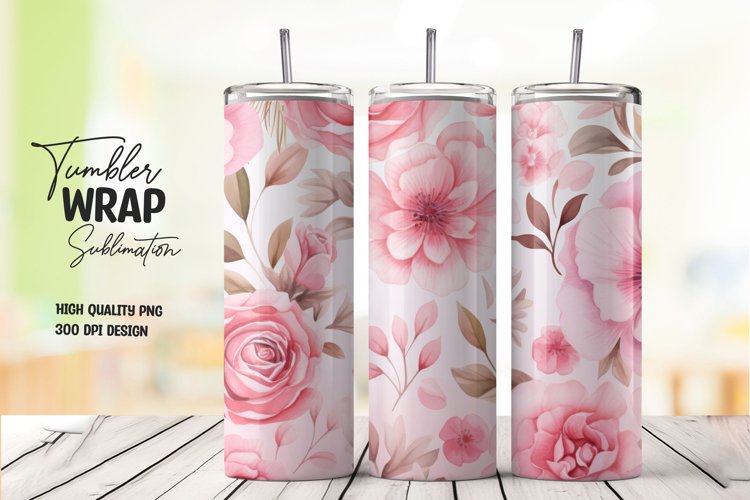 Watercolor pink flower pattern tumbler wrap sublimation