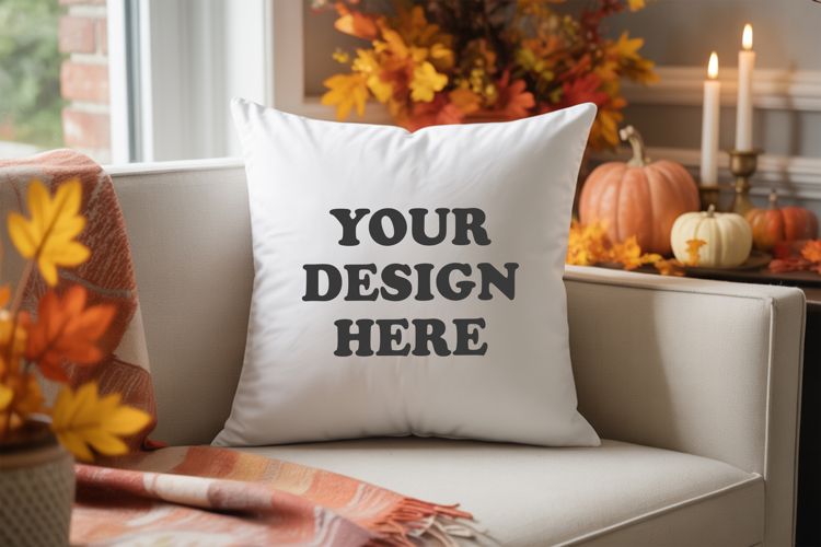 White pillow with Cozy Fall Decor mockup
