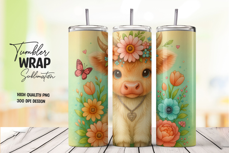 Cute Highland Cow Floral Tumbler Wrap Sublimation PNG
