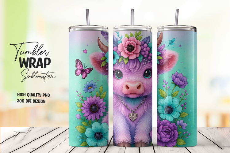 Cute Highland Cow Floral Tumbler Wrap Sublimation PNG