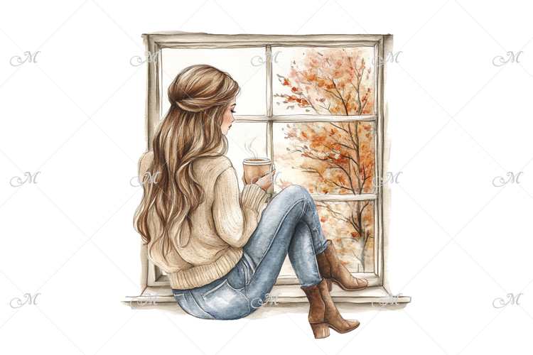 Cozy Autumn Girl by the Window Clipart