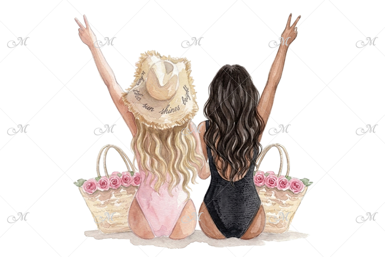 Summer Vibes Girls Besties in Swimsuits Watercolor clipart