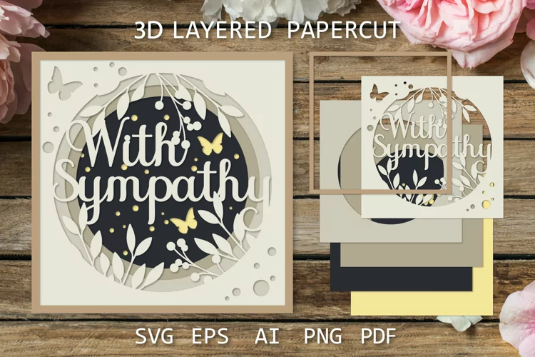 With Sympathy card SVG, Condolence paper cut card 3D