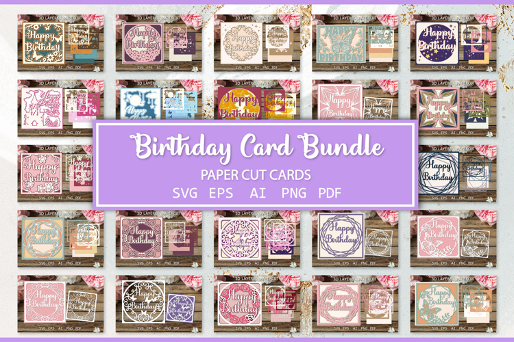 Birthday cards Bundle, Paper cut greeting cards Birthday SVG