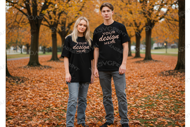 Black t shirt Girl and boy mockup, couple autumn Mock up JPG
