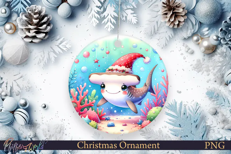 Christmas Tree Ornament PNG | Cute Shark with Santa Hat
