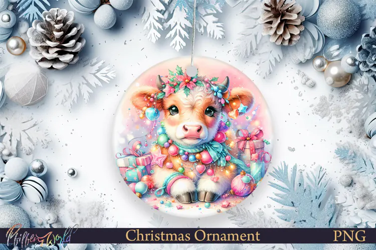Christmas Tree Ornament PNG | Highland Cow | Pastel Holiday