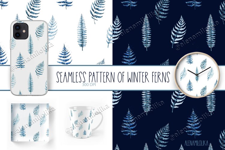 Winter seamless pattern of indigo fern. Watercolor ornament