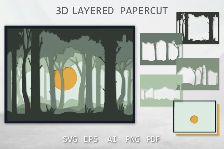 Layered paper cut out, paper crafting, Forest SVG