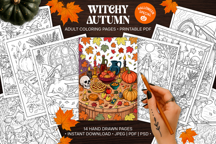 Witchy Autumn coloring pages, Halloween colouring page
