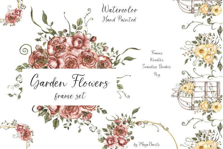 Watercolor Garden Flowers Frames Set