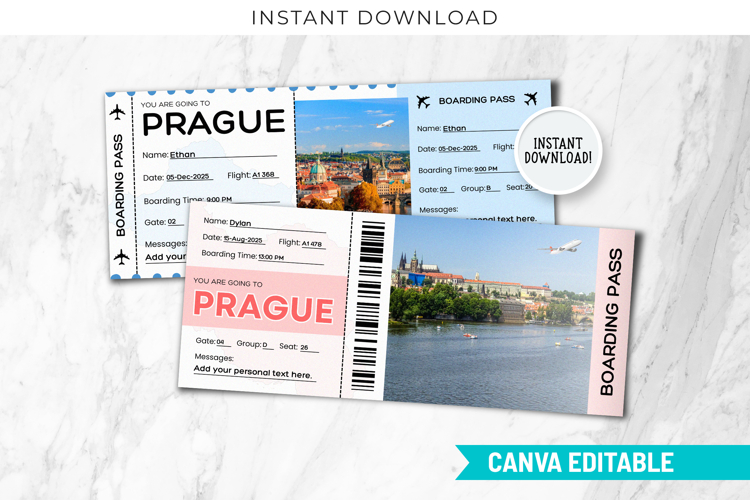 Prague Boarding Pass Canva Templates