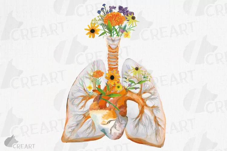 Prairie flowers anatomical lungs with heart floral design.