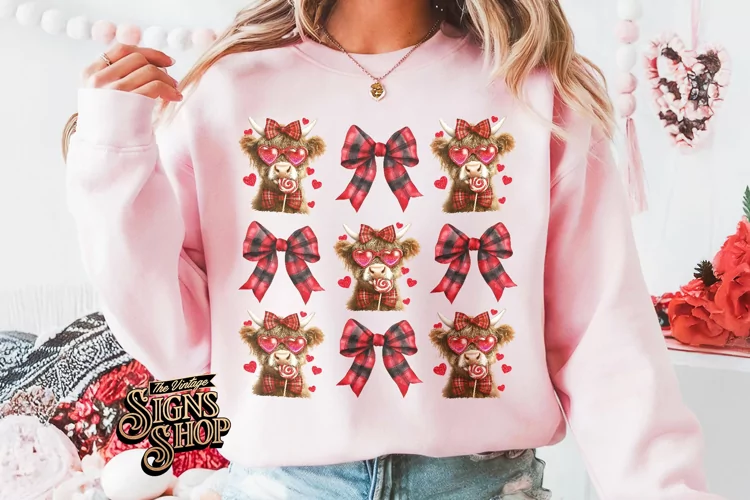 Highland Cow Valentines Coquette PNG | DTF and Sublimation