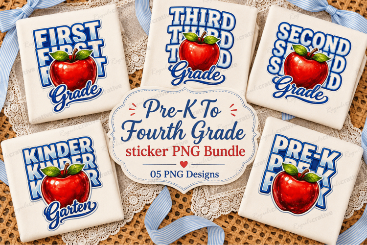 Pre-K to Fourth Grade Apple PNG Bundle | Back to School Grad
