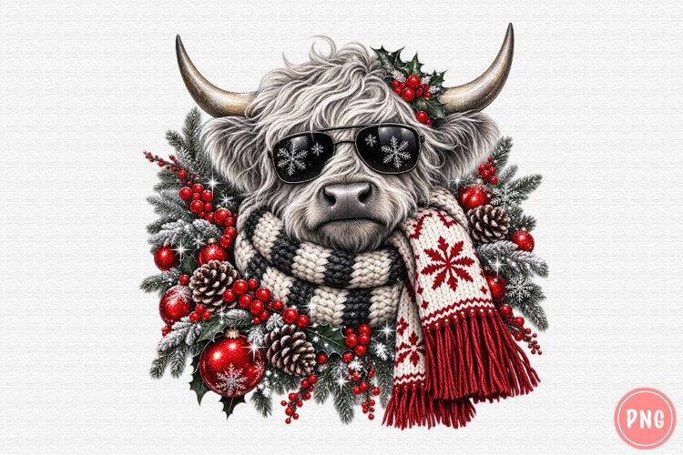 Christmas Highland Cow PNG | Sunglasses & Cozy Scarf Png example image 1
