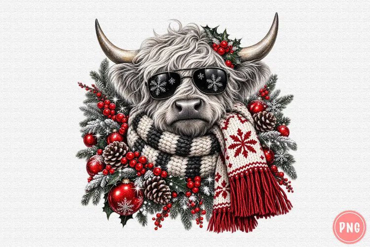 Christmas Highland Cow PNG | Sunglasses & Cozy Scarf Png