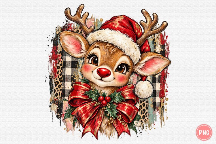 Christmas Reindeer PNG | Leopard & Buffalo Plaid Santa Hat example image 1