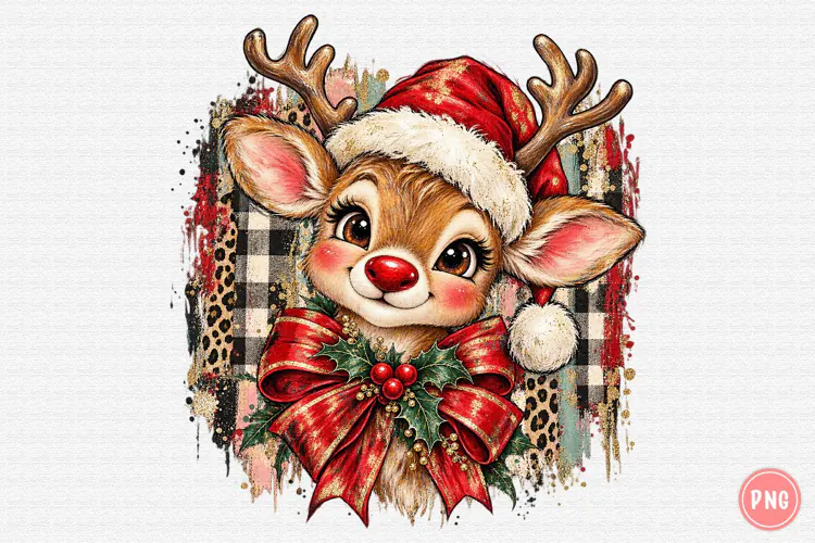 Christmas Reindeer PNG | Leopard & Buffalo Plaid Santa Hat