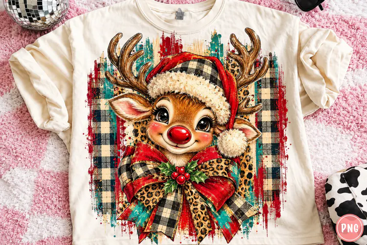 Preppy Christmas Reindeer PNG | Leopard & Buffalo Plaid Bow