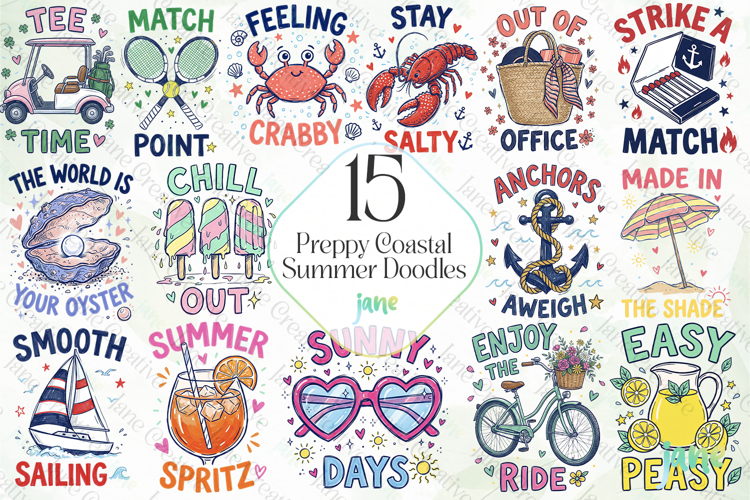 Preppy Coastal Summer Doodles Clipart Bundle