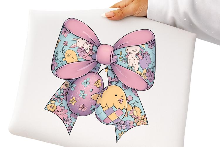 Preppy Easter Bow PNG, Bunny Chicks Pastel Eggs and Glitter