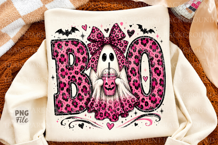 Preppy Ghost Boo PNG, Pink Leopard Ghost Coquette PNG