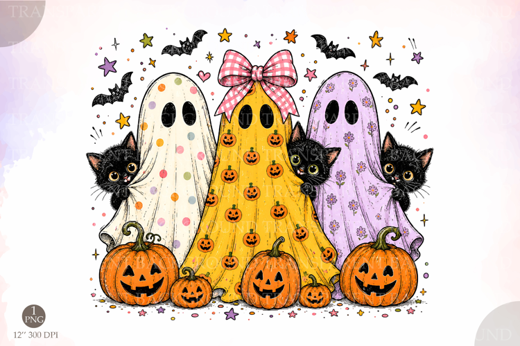 Preppy Halloween Ghost and Cat PNG, Colorful Leopard Ghost