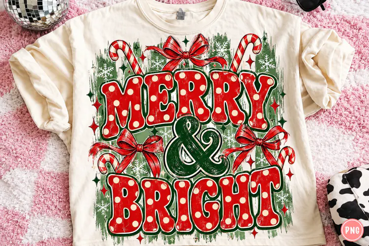 Merry & Bright Christmas PNG | Preppy Candy Cane Bow Png