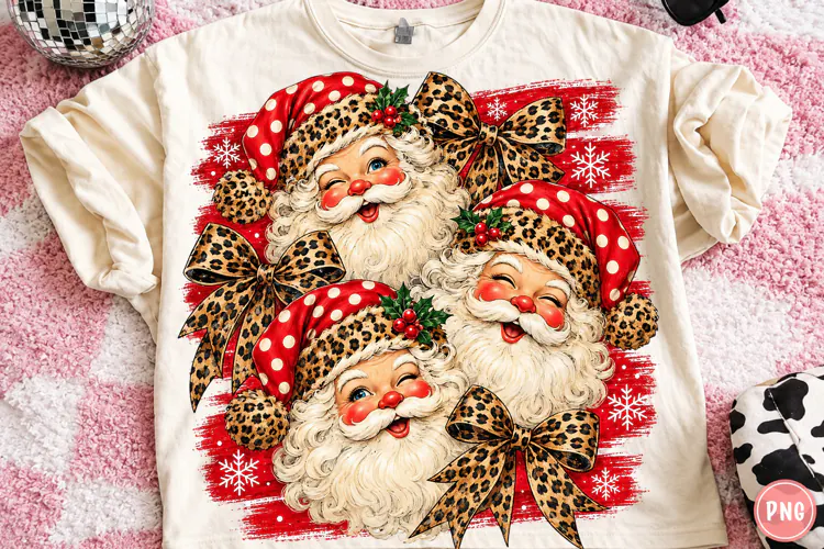 Preppy Leopard Santa Christmas PNG | Festive Bow Sublimation
