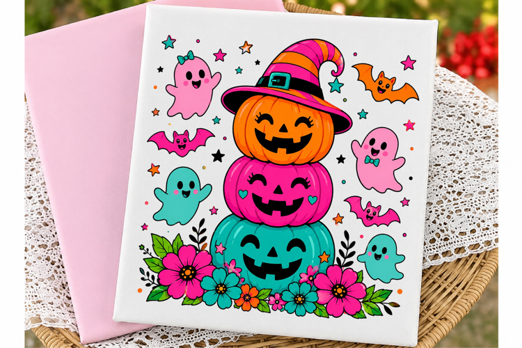 Preppy Neon Halloween Pumpkin Ghost PNG